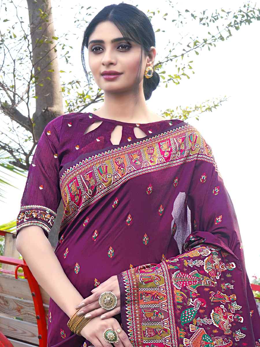 Wine Silk Handwoven Wedding Festival Heavy Border Saree