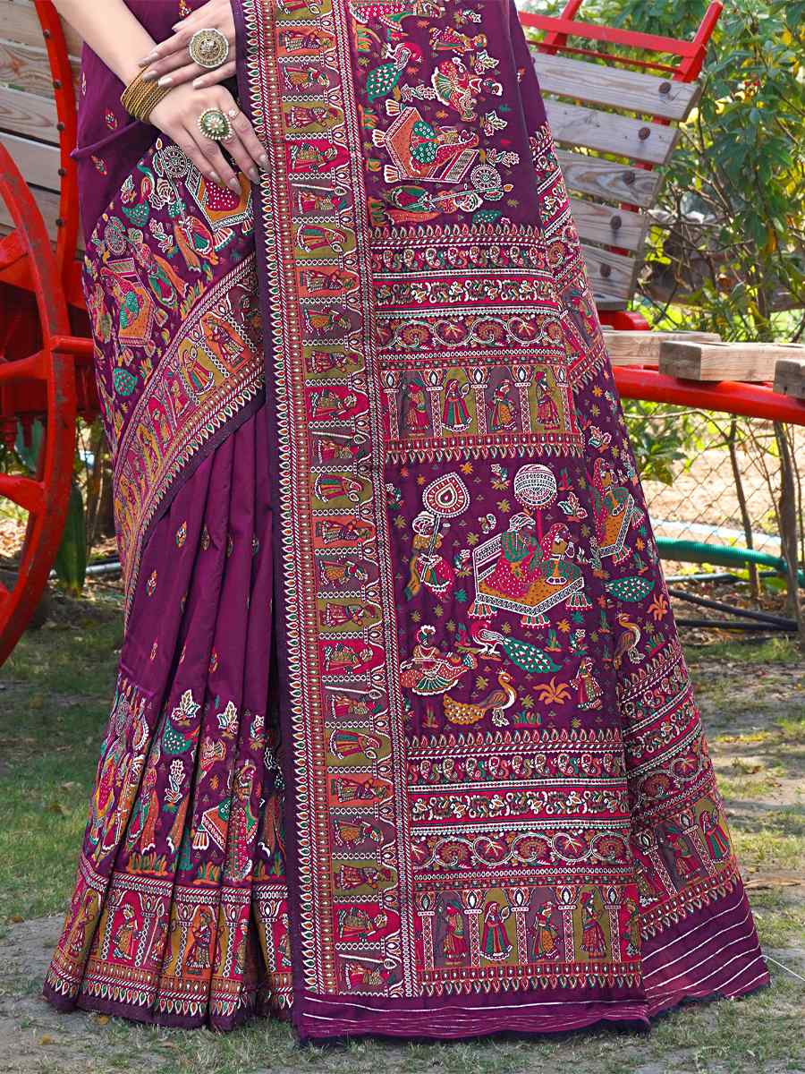 Wine Silk Handwoven Wedding Festival Heavy Border Saree
