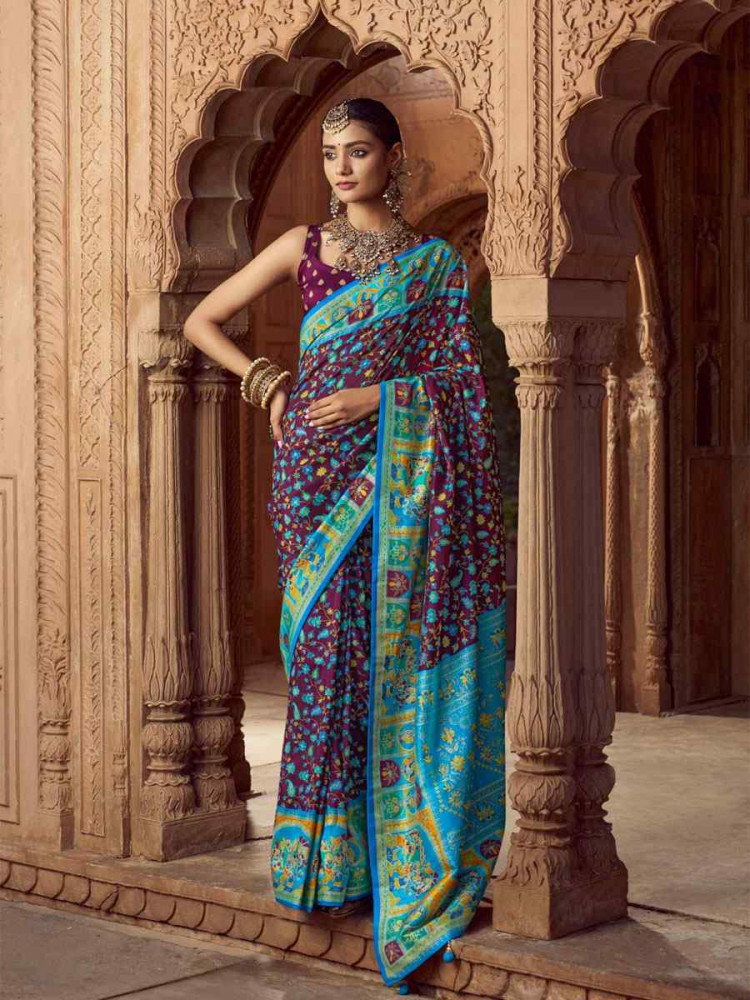 Image of Wine Silk Kalamkari Printed Festival Wedding Fancy Heavy Border Saree