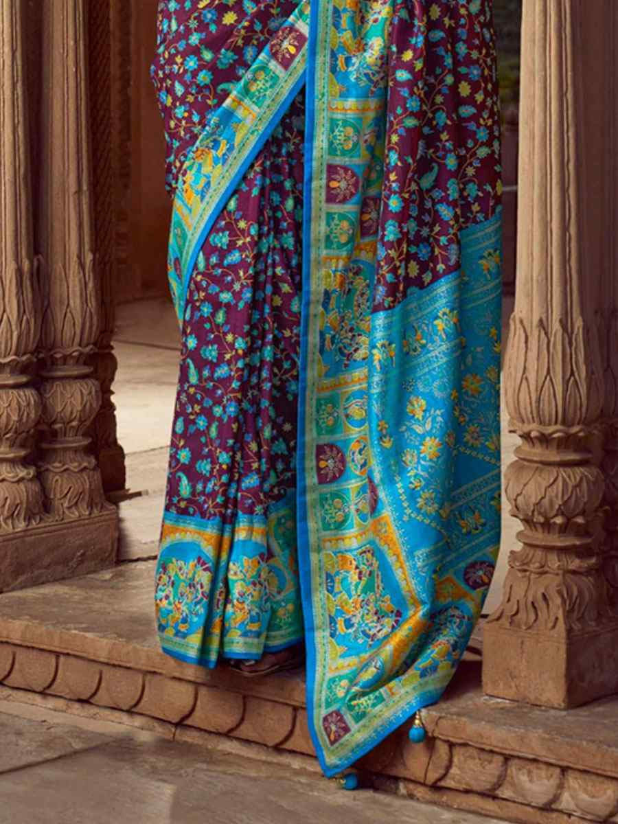 Wine Silk Kalamkari Printed Festival Wedding Fancy Heavy Border Saree