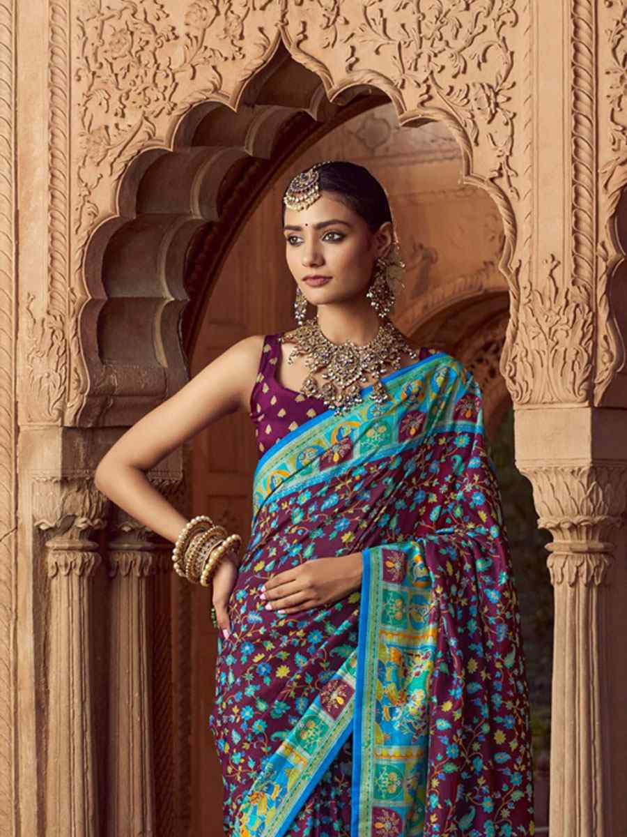 Wine Silk Kalamkari Printed Festival Wedding Fancy Heavy Border Saree