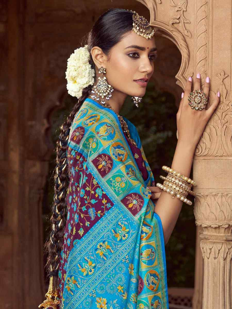 Wine Silk Kalamkari Printed Festival Wedding Fancy Heavy Border Saree