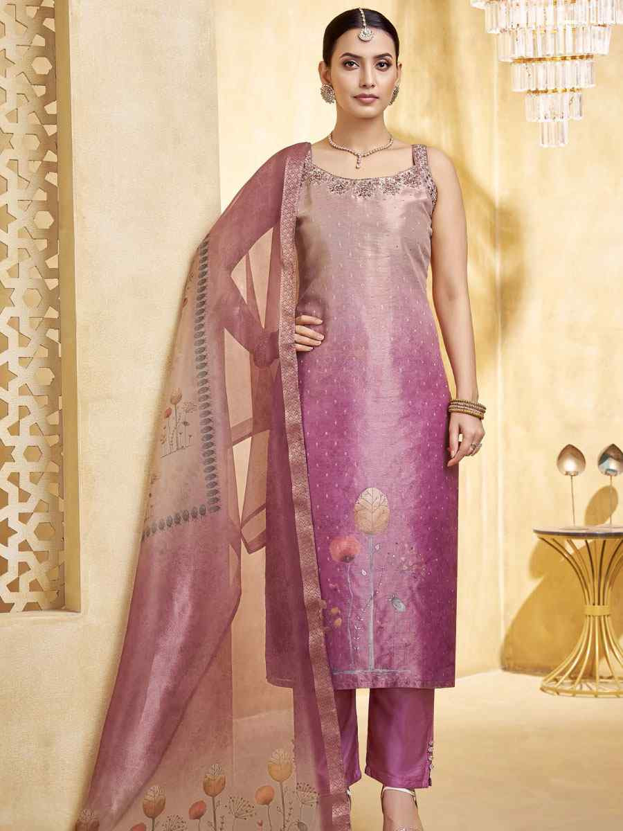 Wine Silk Printed Embroidery Party Wedding Festival Casual Ready Pant Salwar Kameez