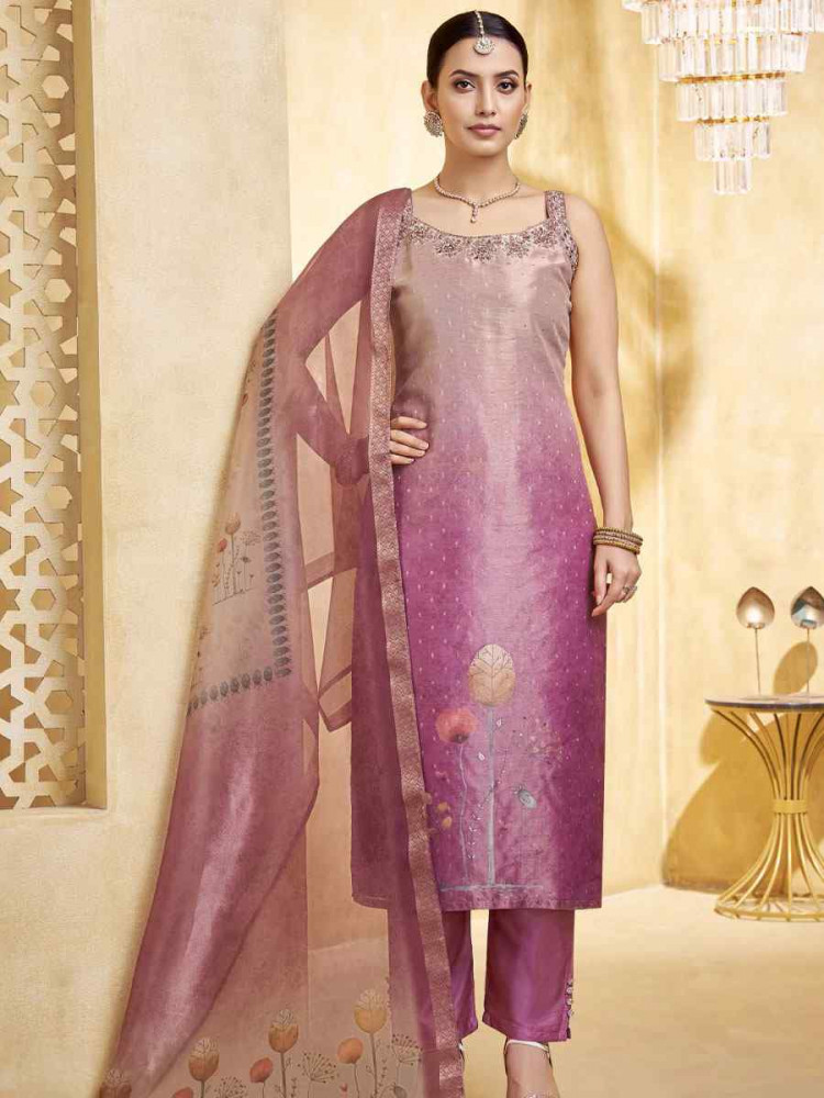 Image of Wine Silk Printed Embroidery Party Wedding Festival Casual Ready Pant Salwar Kameez