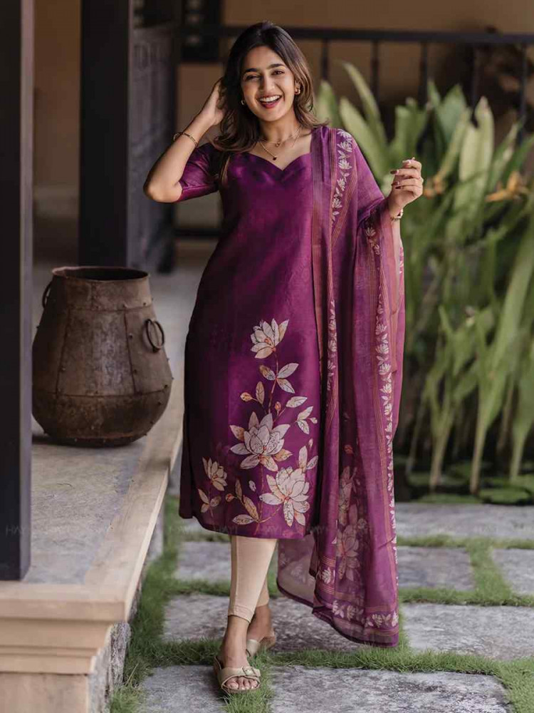 Image of Wine Silk Printed Festival Wedding Pant Salwar Kameez
