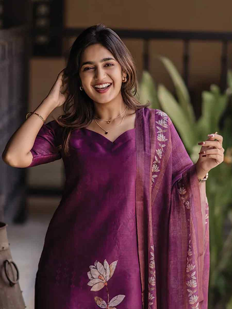 Wine Silk Printed Festival Wedding Pant Salwar Kameez