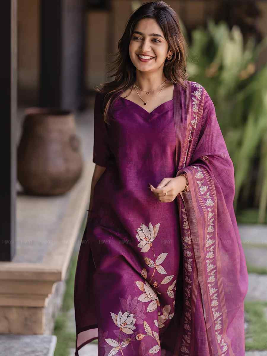 Wine Silk Printed Festival Wedding Pant Salwar Kameez