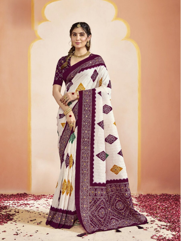 Image of Wine Silk Printed Stone Work Wedding Reception Party Festival Casual Heavy Border Sarees