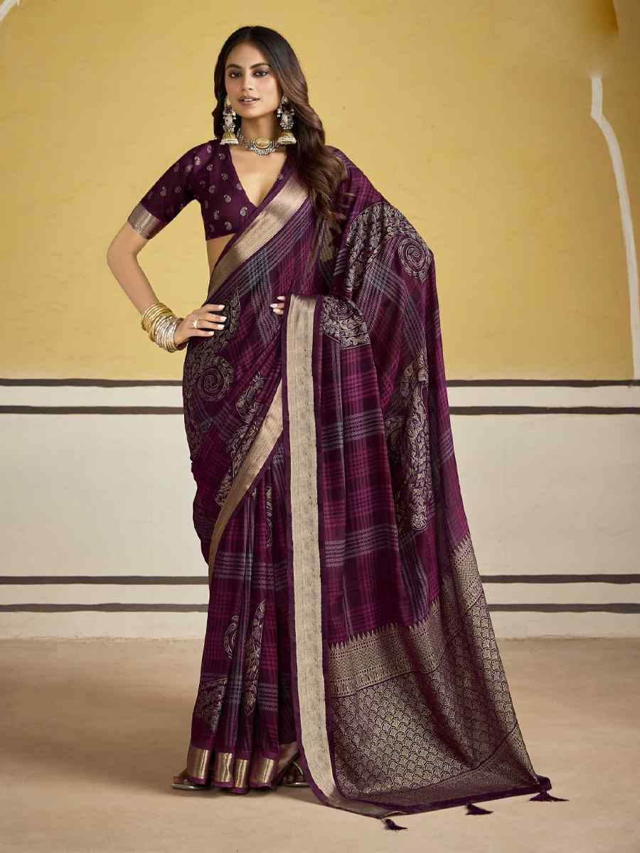 Wine Silk Printed with Handwoven Festival Wedding Fancy Heavy Border Saree