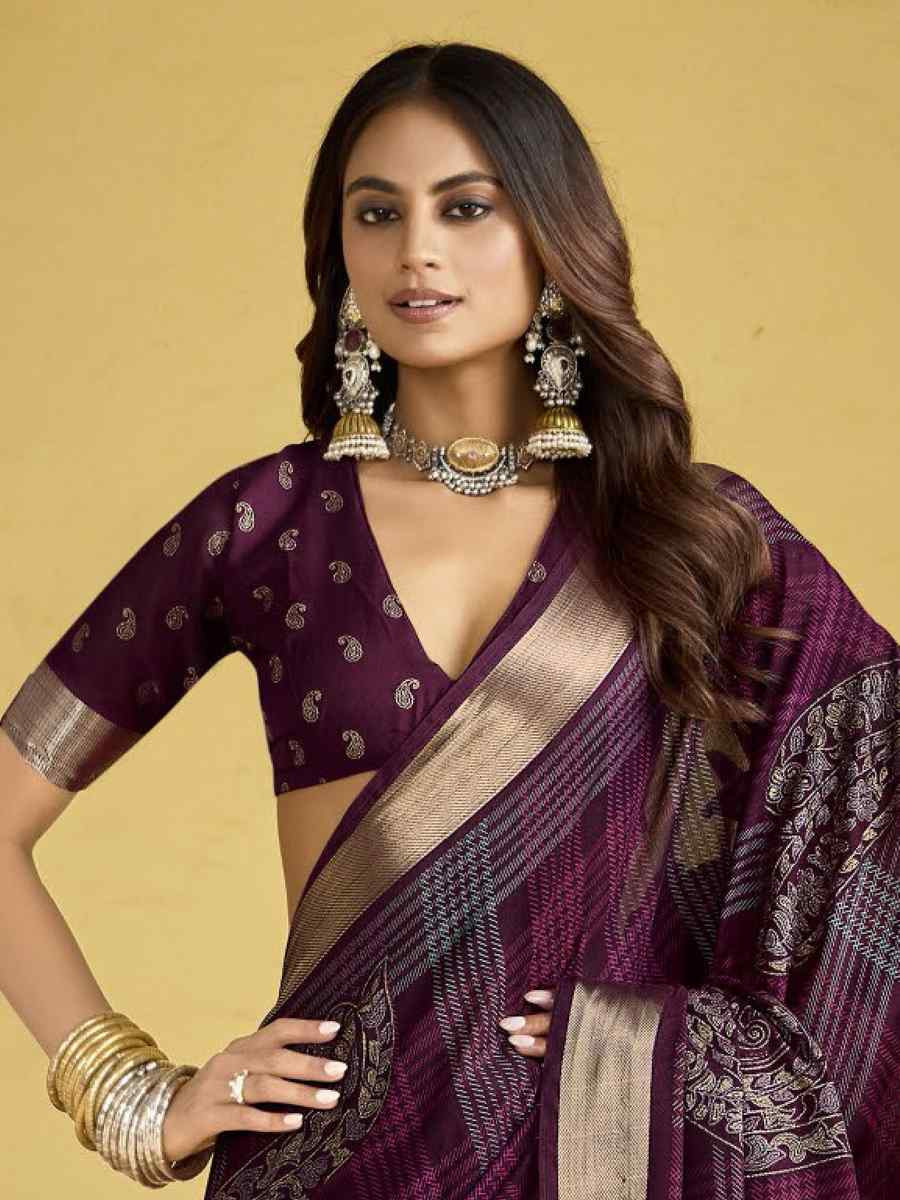 Wine Silk Printed with Handwoven Festival Wedding Fancy Heavy Border Saree