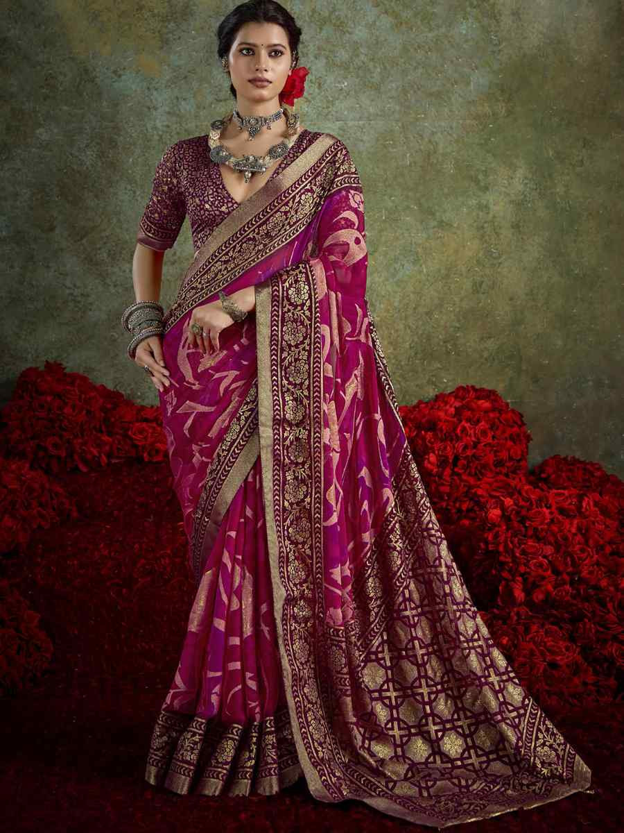 Wine Silk Printed with Handwoven Festival Wedding Fancy Heavy Border Saree