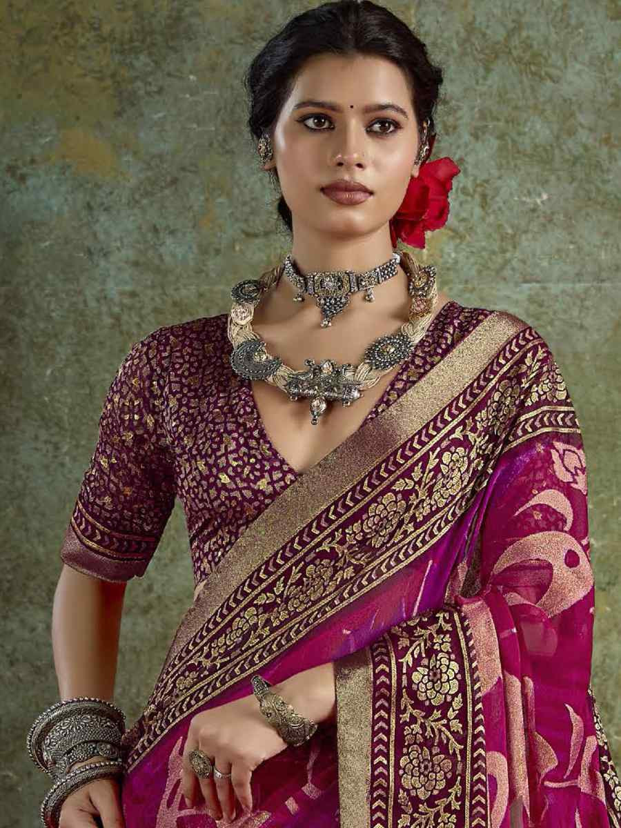 Wine Silk Printed with Handwoven Festival Wedding Fancy Heavy Border Saree