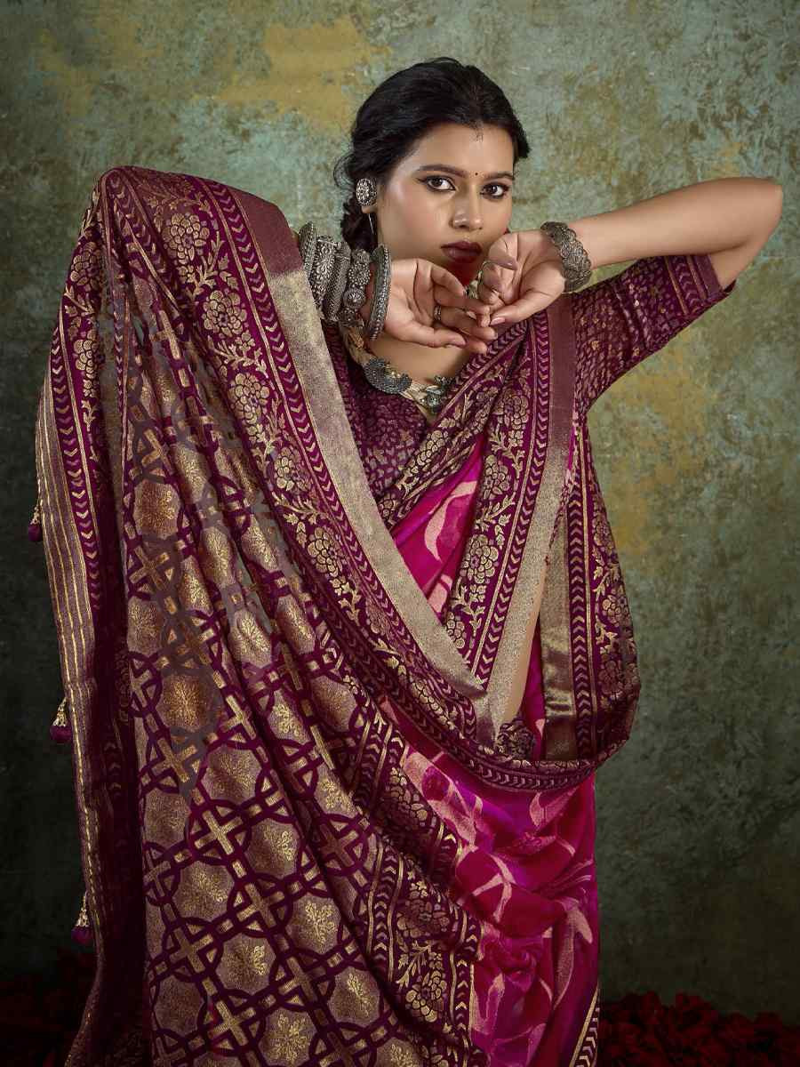Wine Silk Printed with Handwoven Festival Wedding Fancy Heavy Border Saree