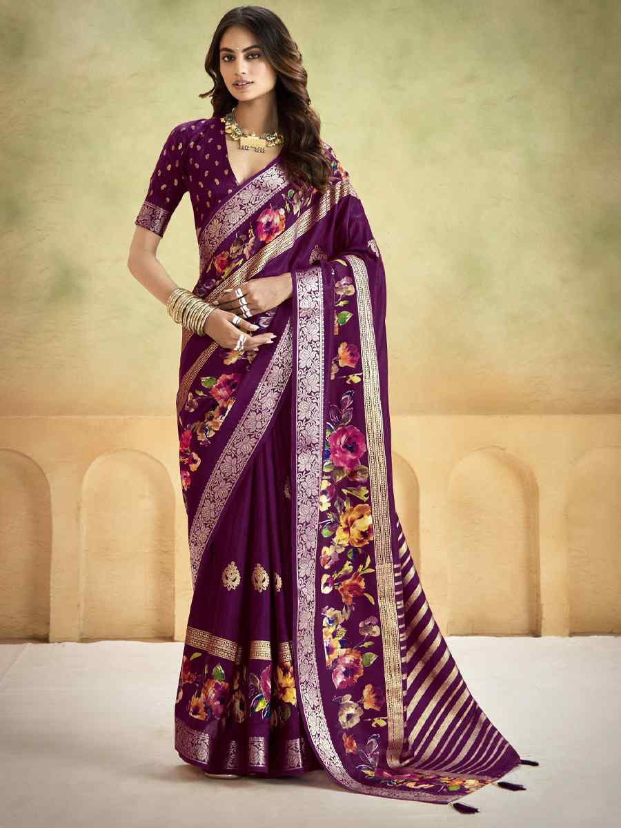 Wine Silk Printed with Handwoven Festival Wedding Fancy Heavy Border Saree