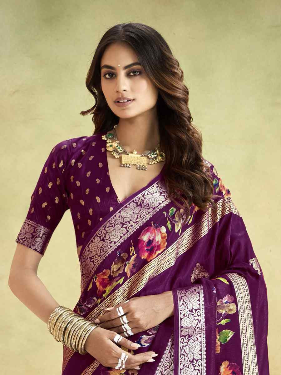 Wine Silk Printed with Handwoven Festival Wedding Fancy Heavy Border Saree