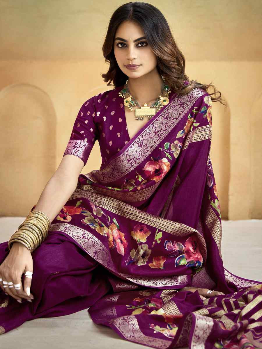 Wine Silk Printed with Handwoven Festival Wedding Fancy Heavy Border Saree