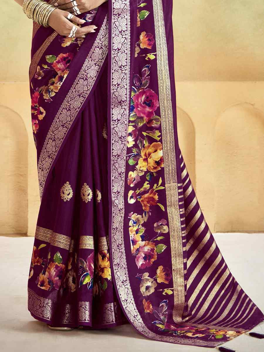 Wine Silk Printed with Handwoven Festival Wedding Fancy Heavy Border Saree
