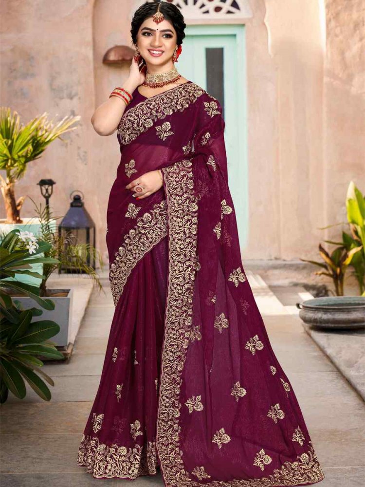 Wine Silk Simmer Embroidered Wedding Festival Heavy Border Saree