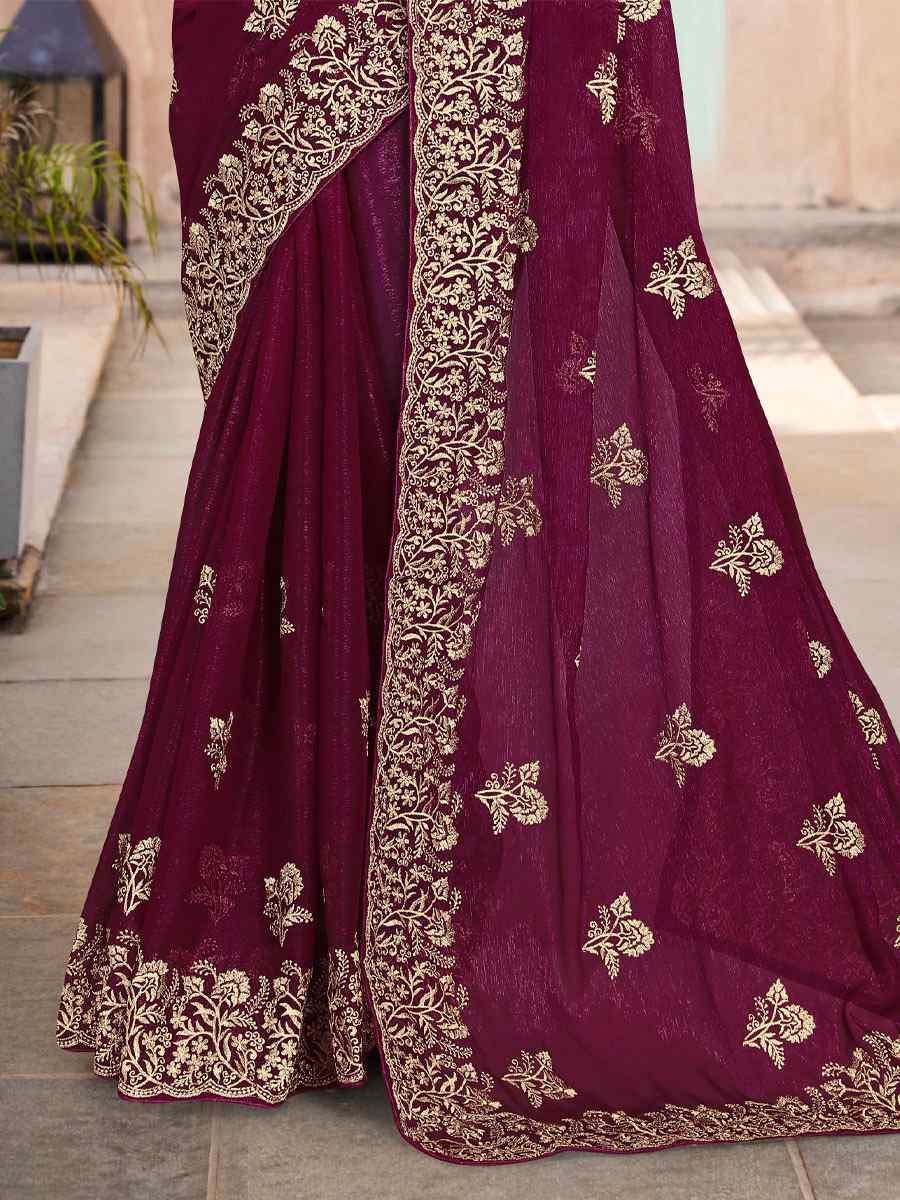 Wine Silk Simmer Embroidered Wedding Festival Heavy Border Saree