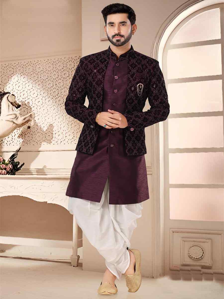 Wine Silk Woven Festival Wedding Kurta