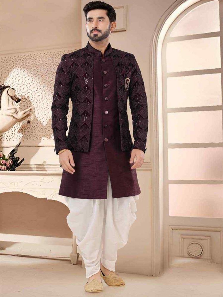 Wine Silk Woven Festival Wedding Kurta