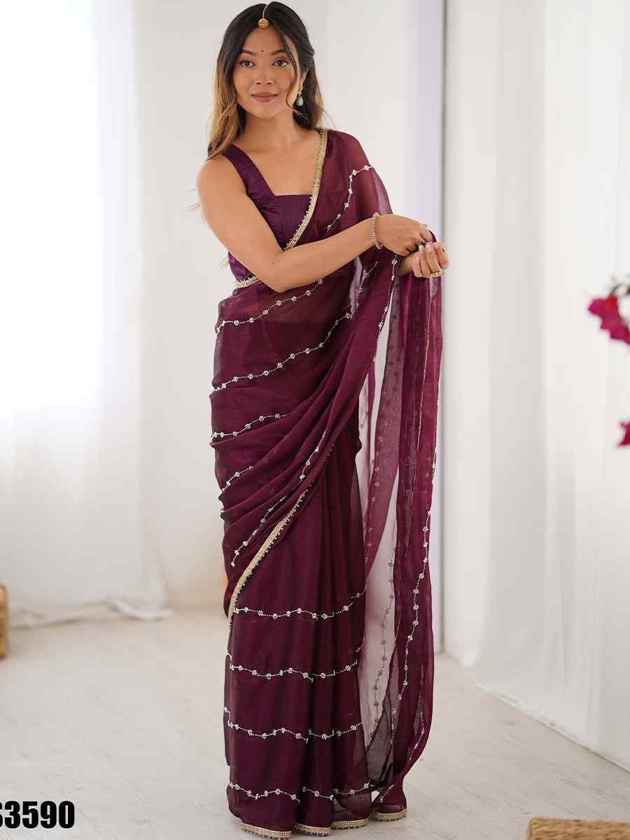 Wine Sitara Chiffon Embroidered Festival Wedding Fancy Heavy Border Saree