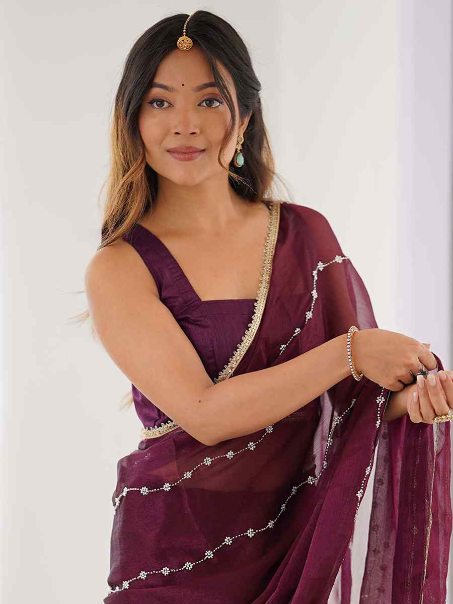 Wine Sitara Chiffon Embroidered Festival Wedding Fancy Heavy Border Saree