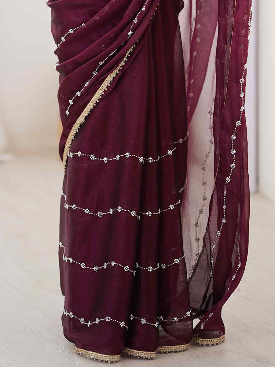 Wine Sitara Chiffon Embroidered Festival Wedding Fancy Heavy Border Saree