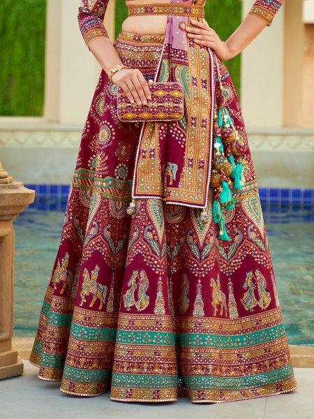 Wine Smooth Rajvadi Silk Embroidered Bridal Wedding Heavy Border Lehenga Choli