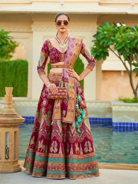 Wine Smooth Rajvadi Silk Embroidered Bridal Wedding Heavy Border Lehenga Choli