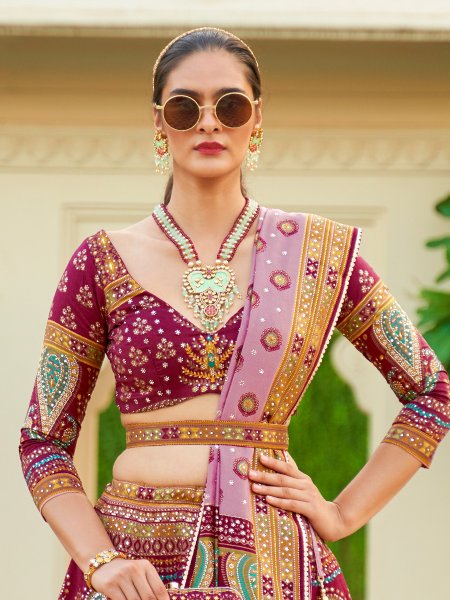 Wine Smooth Rajvadi Silk Embroidered Bridal Wedding Heavy Border Lehenga Choli