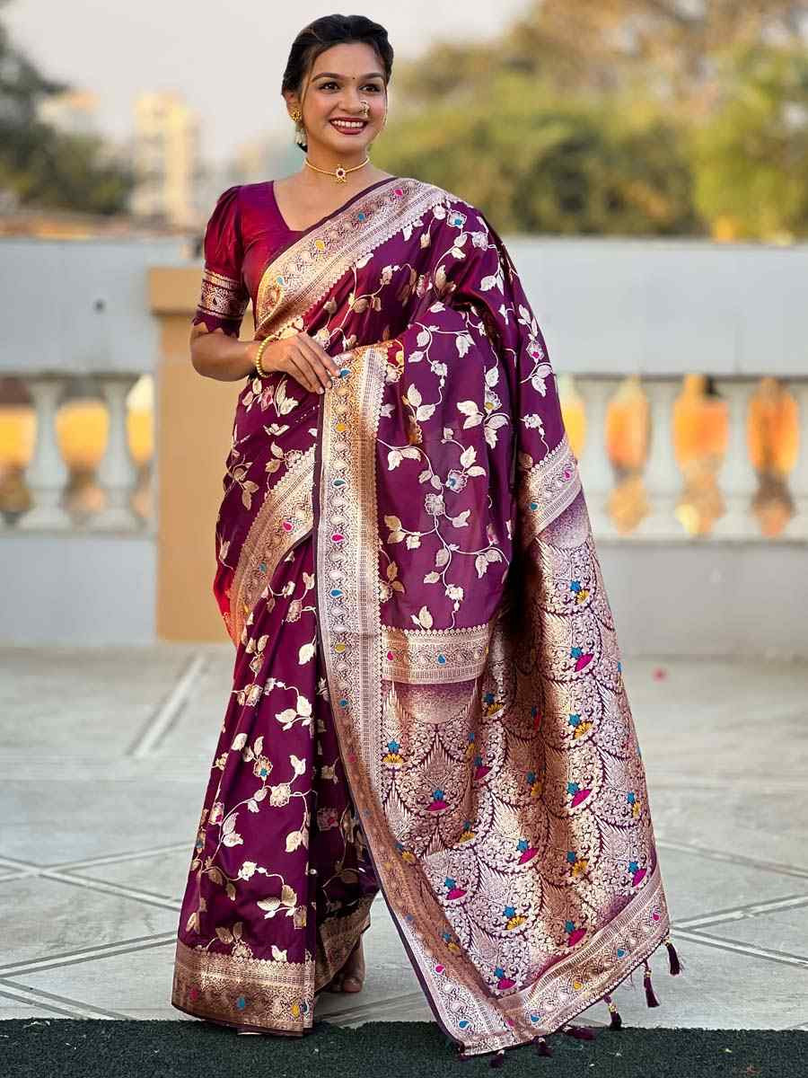 Wine Soft Banarashi Silk Handwoven Festival Wedding Fancy Heavy Border Saree