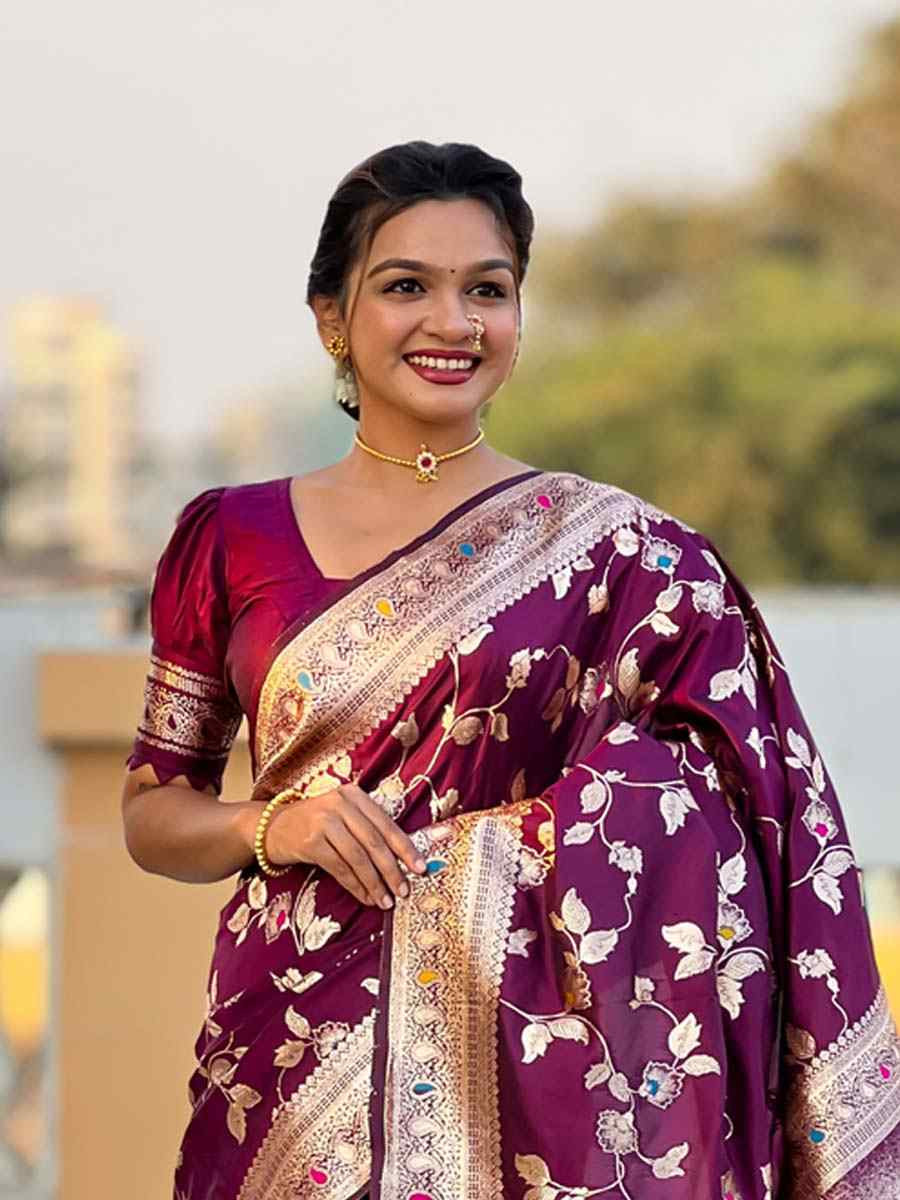 Wine Soft Banarashi Silk Handwoven Festival Wedding Fancy Heavy Border Saree