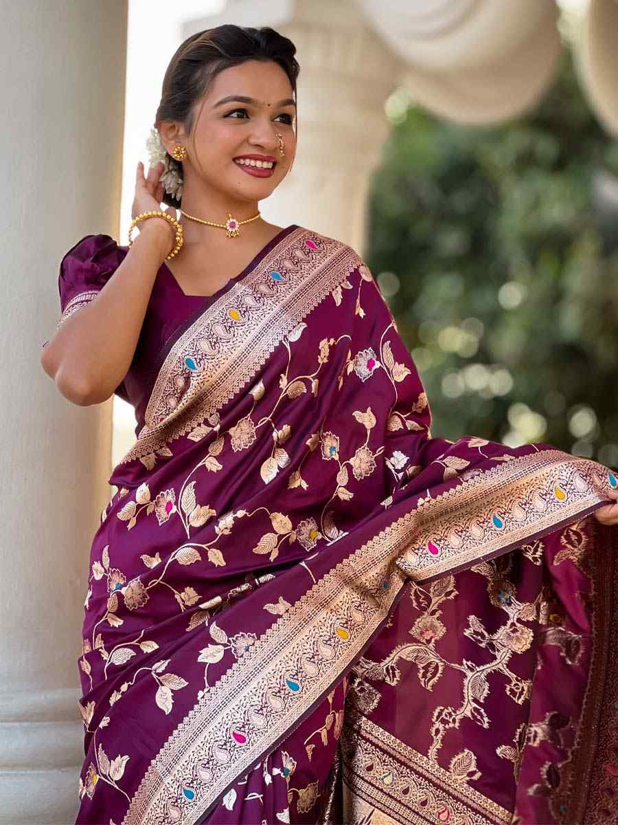 Wine Soft Banarashi Silk Handwoven Festival Wedding Fancy Heavy Border Saree