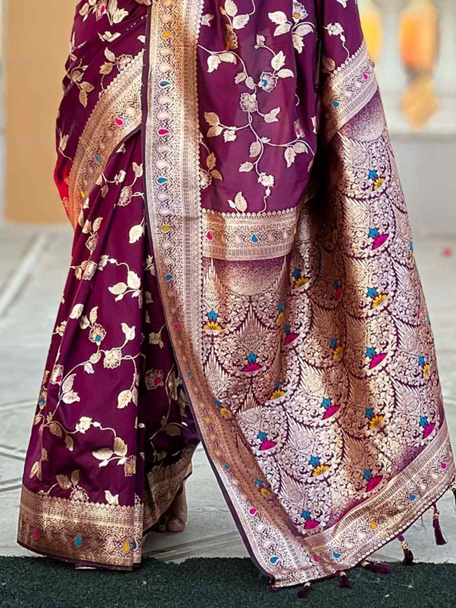 Wine Soft Banarashi Silk Handwoven Festival Wedding Fancy Heavy Border Saree