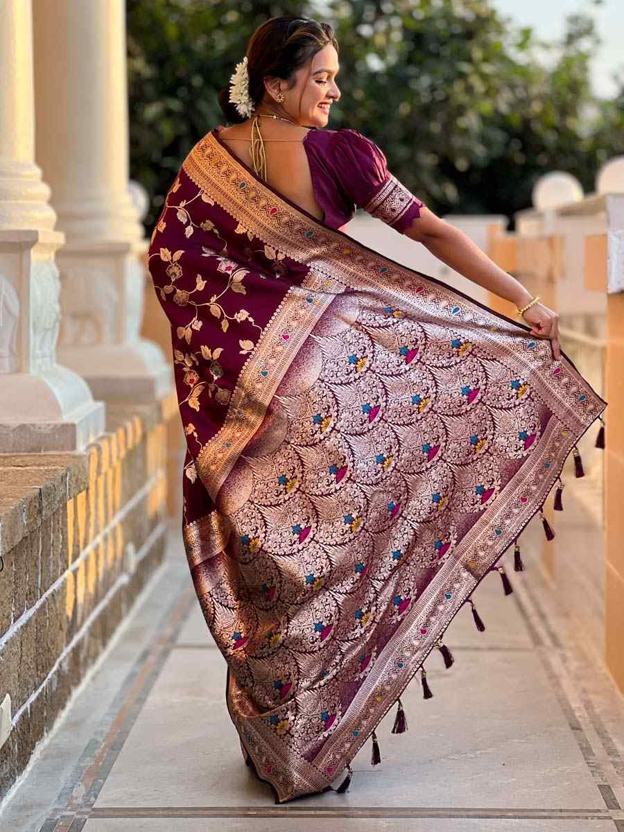 Wine Soft Banarashi Silk Handwoven Festival Wedding Fancy Heavy Border Saree
