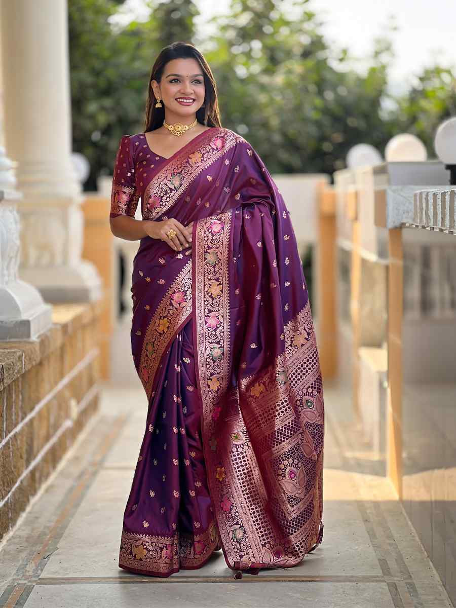 Wine Soft Banarashi Silk Handwoven Festival Wedding Heavy Border Saree