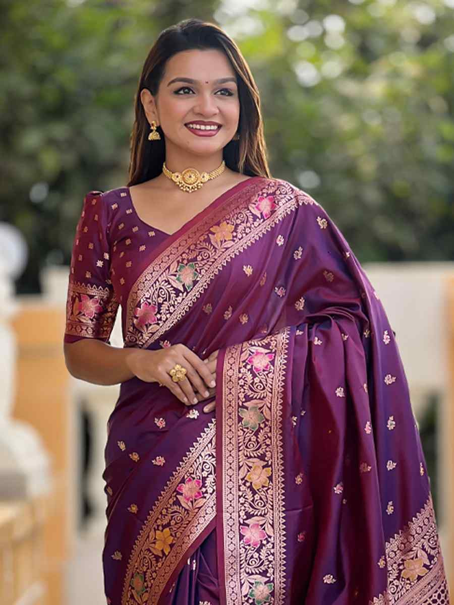 Wine Soft Banarashi Silk Handwoven Festival Wedding Heavy Border Saree