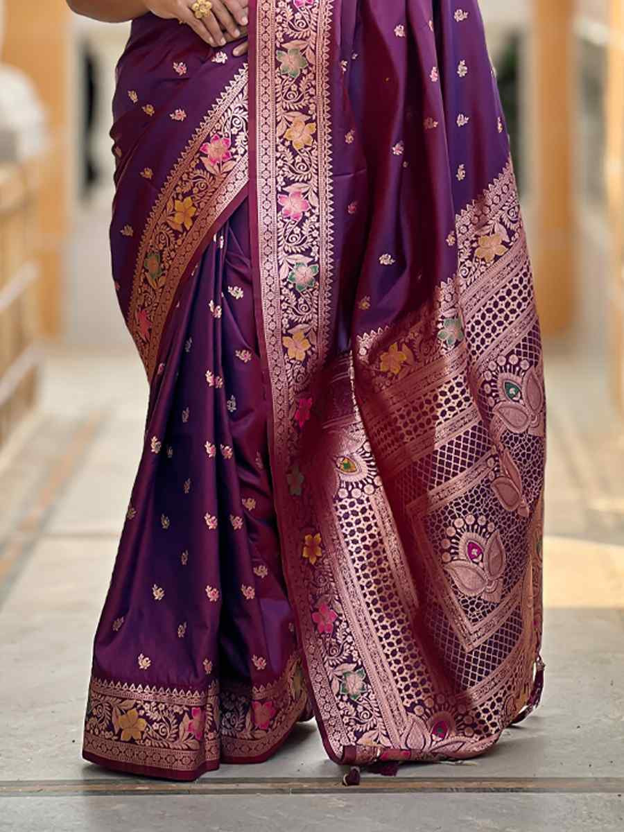 Wine Soft Banarashi Silk Handwoven Festival Wedding Heavy Border Saree