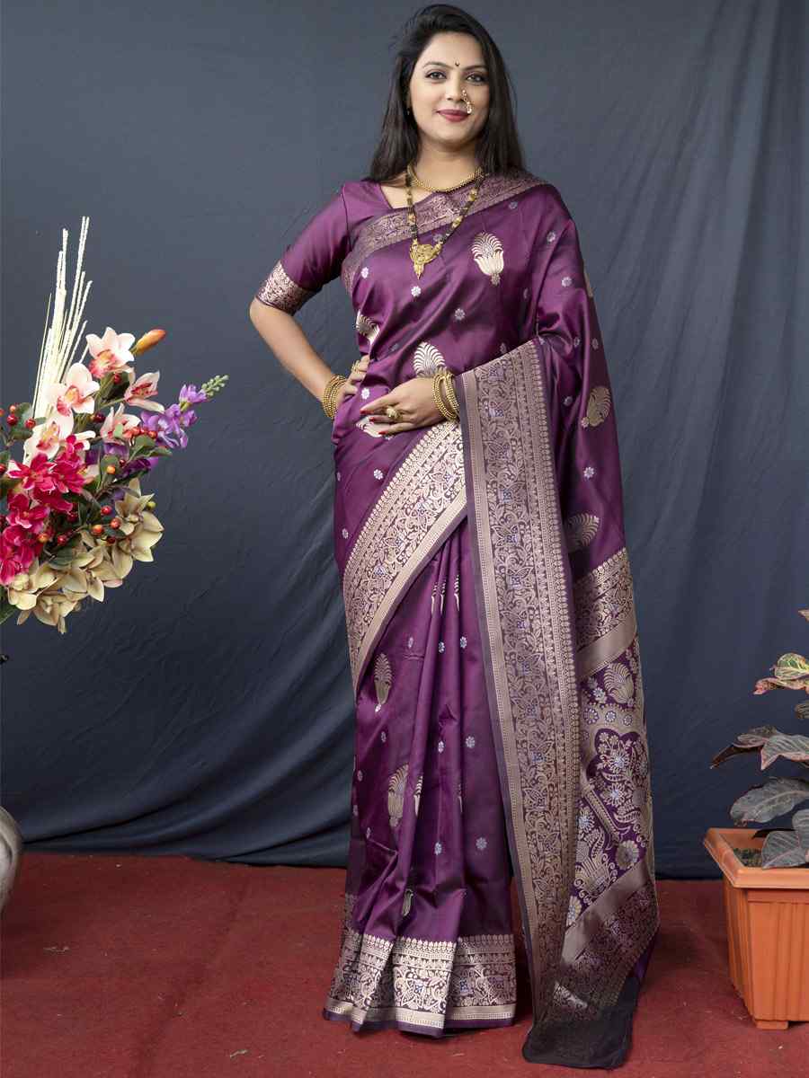 Wine Soft Banarasi Silk Handwoven Wedding Festival Heavy Border Saree