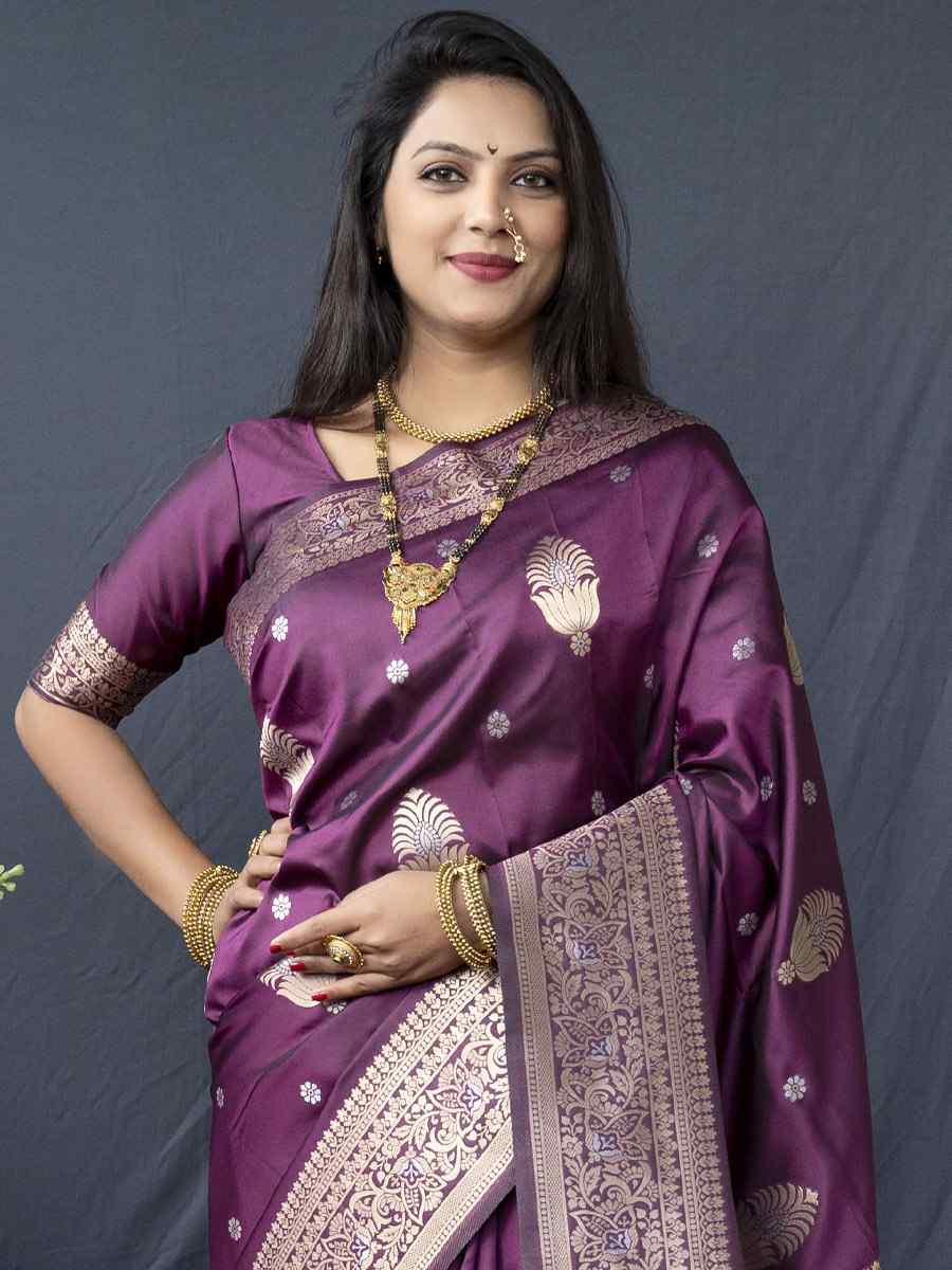 Wine Soft Banarasi Silk Handwoven Wedding Festival Heavy Border Saree