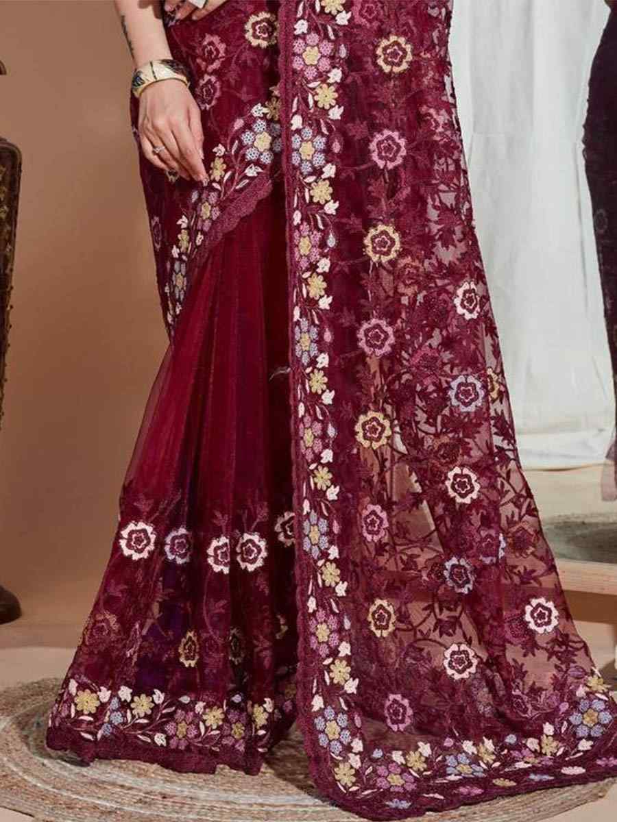 Wine Soft Butterfly Net Embroidery Party Reception Heavy Border Saree