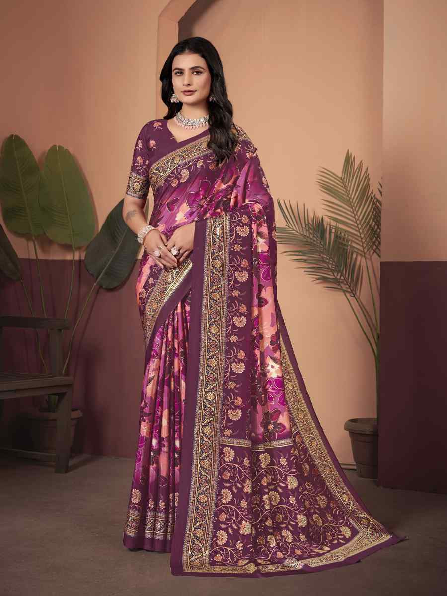 Wine Soft Crepe Silk Printed Festival Wedding Heavy Border Saree