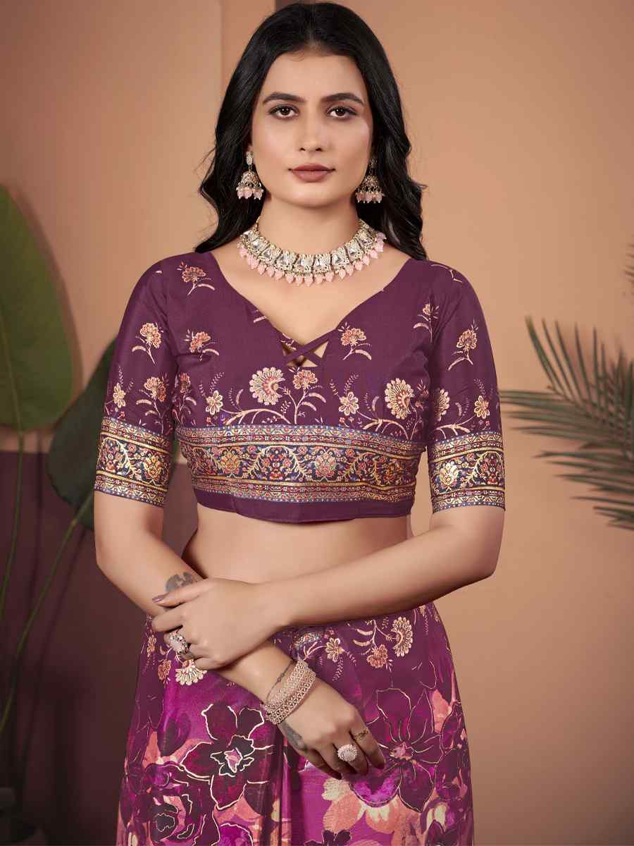 Wine Soft Crepe Silk Printed Festival Wedding Heavy Border Saree