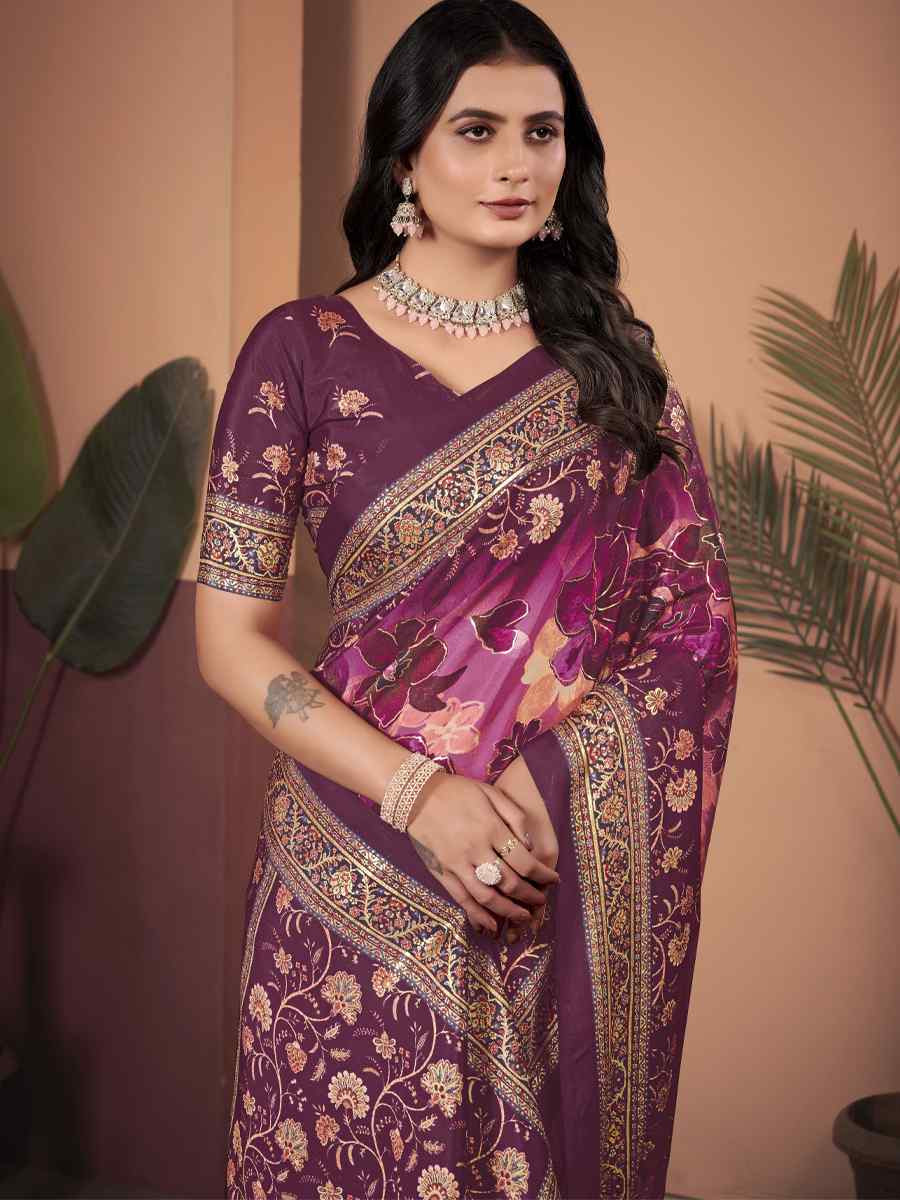 Wine Soft Crepe Silk Printed Festival Wedding Heavy Border Saree