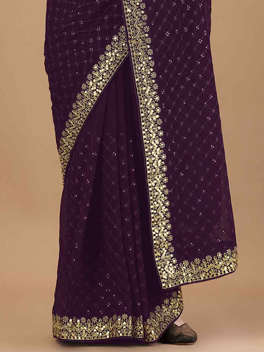Wine Soft Georgette Embroidered Party Festival Classic Style Saree