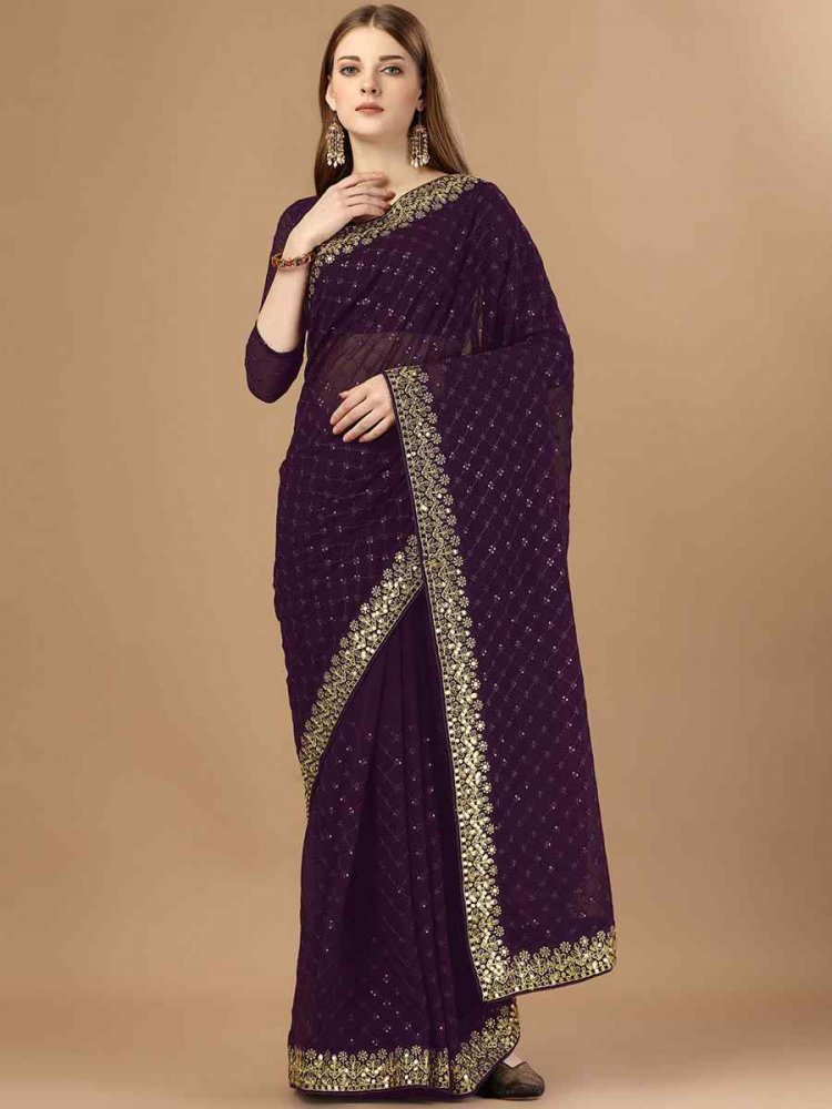 Wine Soft Georgette Embroidery Party Reception Heavy Border Saree