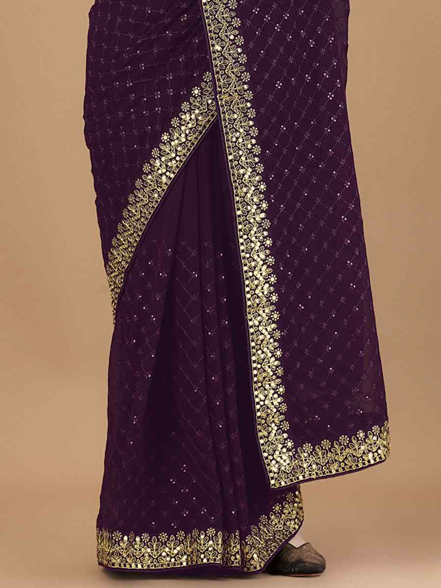 Wine Soft Georgette Embroidery Party Reception Heavy Border Saree