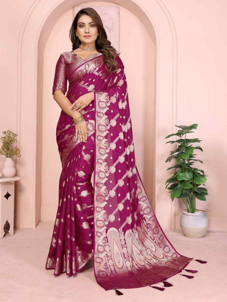 Image of Wine Soft Georgette Silk Handwoven Festival Wedding Fancy Heavy Border Saree