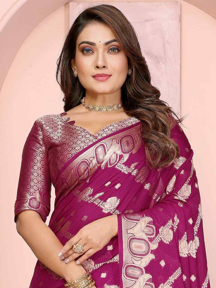 Wine Soft Georgette Silk Handwoven Festival Wedding Fancy Heavy Border Saree